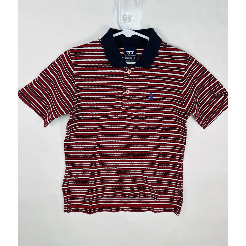 Boys Vintage POLO‎ Ralph Lauren Stripe Polo Collared Shirt Red White Blue Sz 5